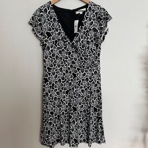 Loft Black and White Flutter Floral Wrap Dress